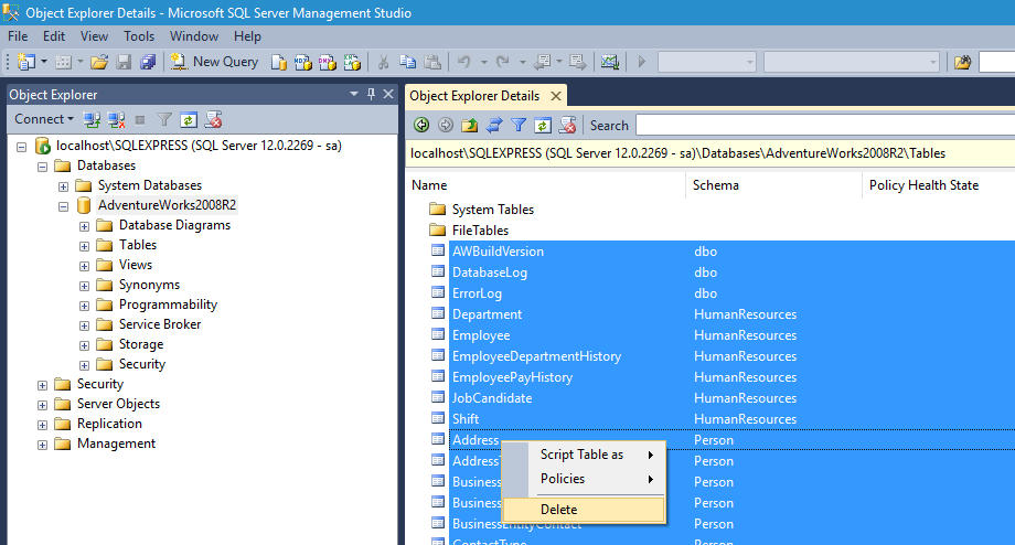 Kasowanie tabel z użyciem Object Explorer Details