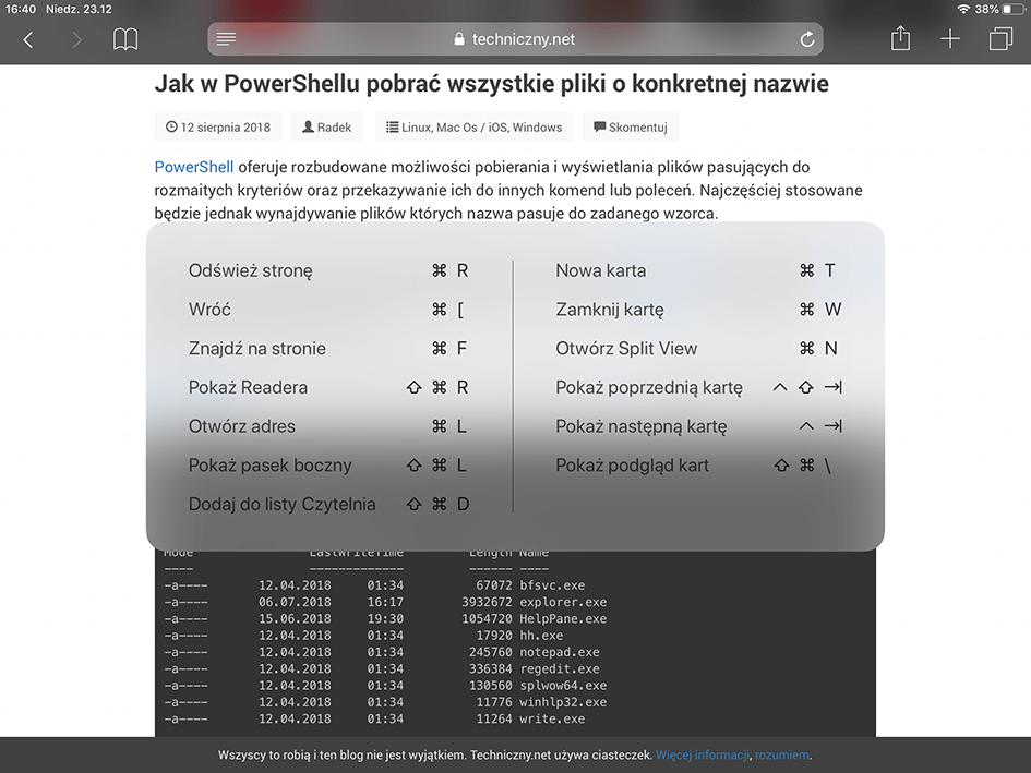 Lista zawierająca dostępne skróty klawiszowe na przykładzie Safari.