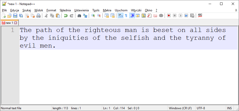 Widok programu Notepad++ z przykładowym tekstem.