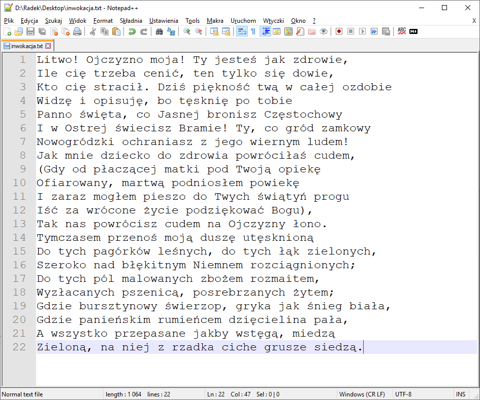Okno programu Notepad++ przed alfabetycznym sortowaniem wierszy.